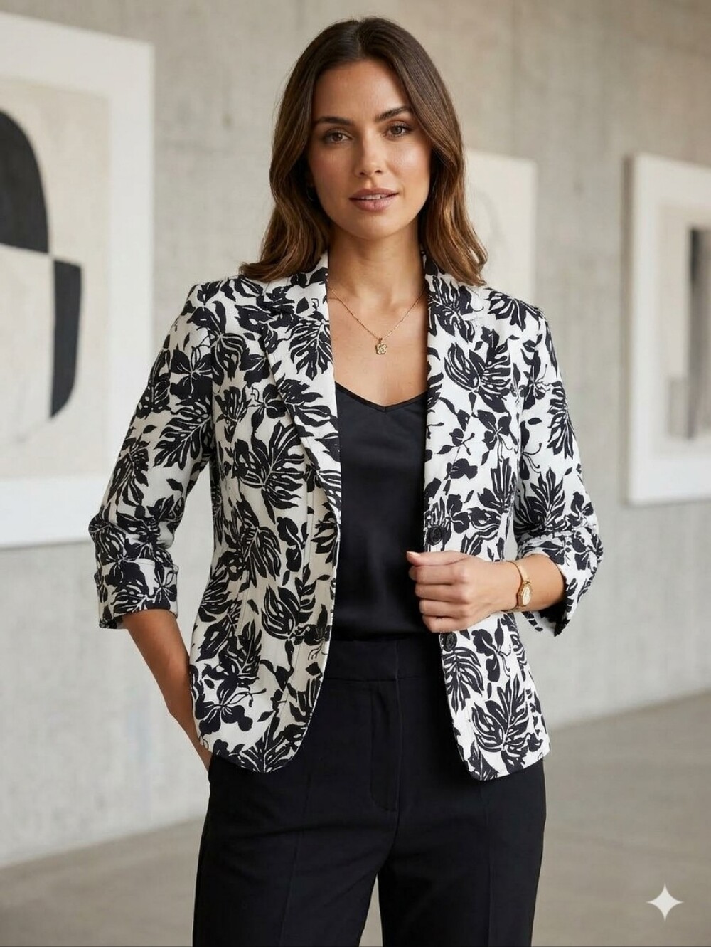 Lafayette 148 New York Black & White Tropical Leaf Print Blazer Women's Size 14